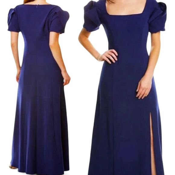 NWT Belle Badgley Mischka Puff Sleeve Gown in Navy Blue - Picture 2 of 15